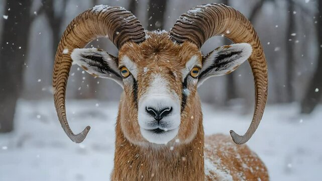 Majestic Mouflon Gazing in Winter Wonderland Animal Encounter Close-Up