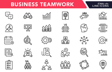 Business teamwork and management line icon set. Company, people, teamwork, office, work, growth, group line icons collection vector. Ui outline icon pack