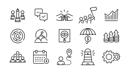 Business teamwork and management line icon set. Company, people, teamwork, office, work, growth, group line icons collection vector. Ui outline icon pack