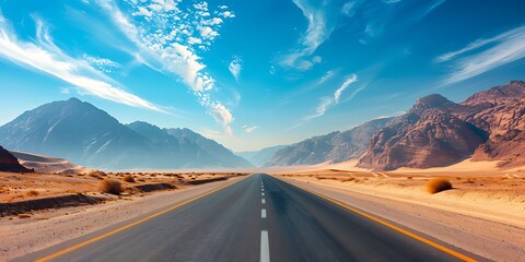 A desert road stretching into the distance surrounded by golden sand dunes and rugged mountains under a clear sky with sparse clouds Road Trip