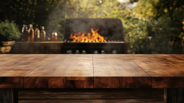 Rustic wooden table in sunny backyard with bbq grill and fire in background