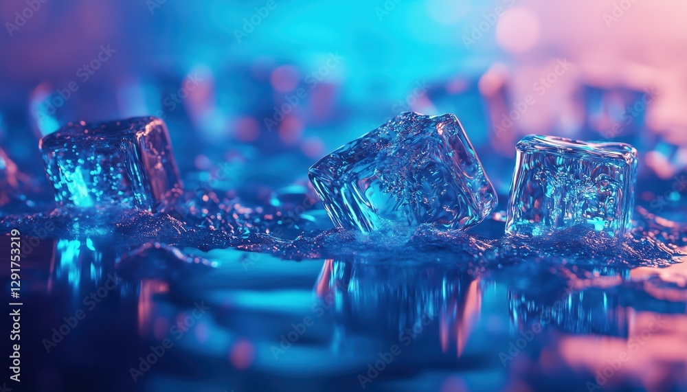 Poster reflective surface showcasing azure ice cubes in a stunning display of cool elegance and serenity.