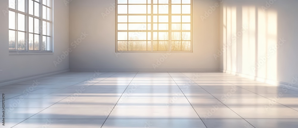 Poster bright and airy room featuring a large window overlooking a peaceful view with a simple floor design