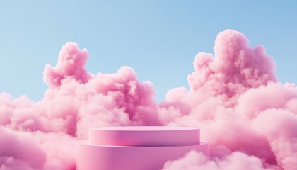 Fototapeta premium Dreamy Platform For Product Display In Realistic Pink Clouds And Pastel Blue Sky: Heavenly Mockup
