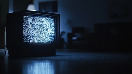 Static noise from an old television set in a dimly lit room creates a nostalgic atmosphere, emphasizing the contrast between technology and simplicity