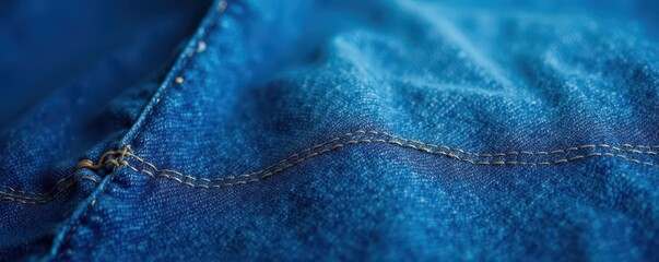 Naklejka premium Close-up of blue jeans denim fabric with visible seams, fabric stitching , warp and weft threads, fabric texture