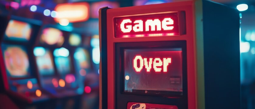 Retro arcade machine flashing "Game Over" in bright neon, evoking nostalgia for the golden age of gaming.