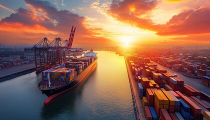 Sunrise Logistics And Transportation Of Container Cargo Ship And Cargo Plane With Working Crane Bridge In Shipyard. Expanding The Logistic Import Export And Transport Industry.