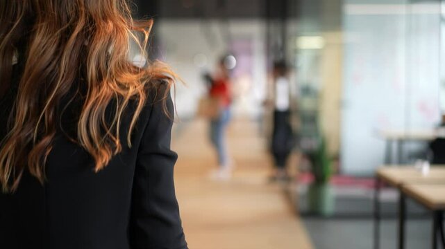 Confident female leader or CEO walking through a modern office, carrying a black leather bag. Corporate lifestyle, leadership, career ambition, entrepreneurship, professional success. Slow motion