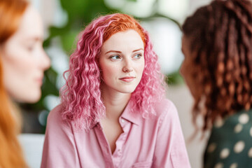 Fototapeta premium Three women engaged in conversation, one with pink hair.