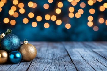 Blurred background of blue and gold lights with a bokeh effect