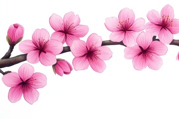 Cherry blossom branch, pink flowers, watercolor clipart on a white background, with defined edges