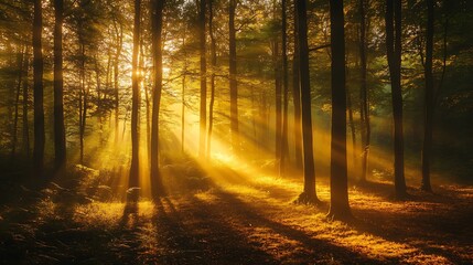 Naklejka premium Sunbeams illuminate a misty autumn forest, creating a magical, golden atmosphere.