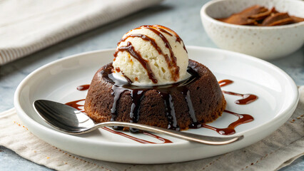Decadent Chocolate Lava Cake with Vanilla Ice Cream, Fudge Sauce, and Melting Perfection
