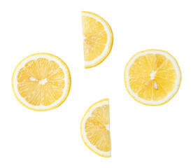 Top view set of fresh ripe yellow lemon fruits in halves and slices or quarters isolated on white background with clipping path