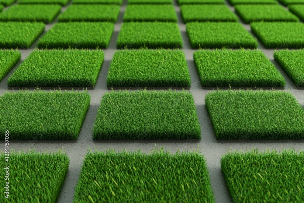 Poster 3D render of square green blocks in an array, with a depth-of-field effect, set against a background of lush greens and soft sunlight, creating a serene atmosphere. Rendered using Cinema 4D