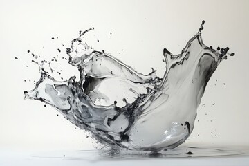A dynamic splash of water captured in motion, creating an abstract and fluid shape, set against a white background