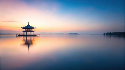 Serene Pavilion on Calm Waters at Dawn A Peaceful Lakeside Scene with Soft Pastel Hues and Tranquil Atmosphere
