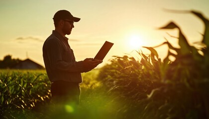Modern Digital Technologies In Agriculture: Farmer Working In Corn Field With Laptop, Agronomist Uses Technology On Business Farm. Silhouette Of Worker On Farm.