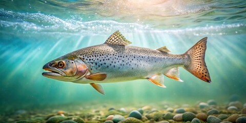 Naklejka premium Underwater Elegance A Spotting of a River Fish Gracefully Swimming Through Sunlit Pebbles