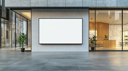 Blank billboard mounted on a modern building exterior, showcasing a storefront with large windows.