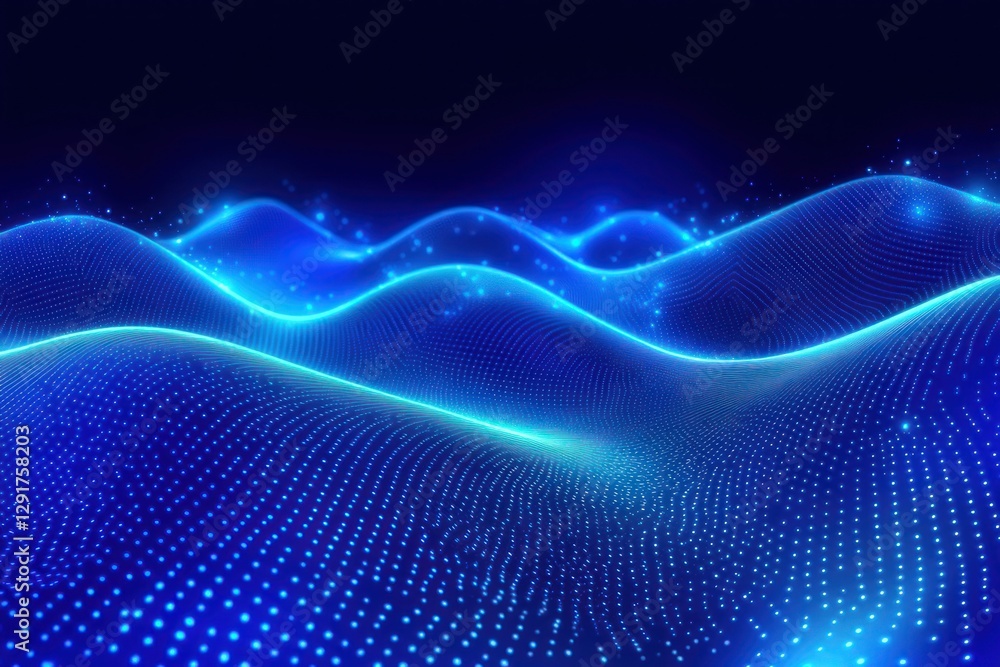Poster glowing blue digital waves with particle effects create an abstract futuristic landscape on dark bac