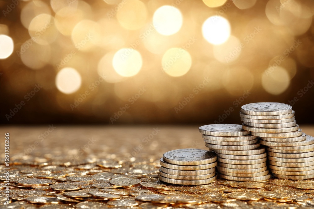Poster A background of golden confetti, sprinkled with shiny gold coins. The background is blurred and filled with sparkling light effects, creating an atmosphere full of wealth and prosperity. This