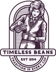 Vintage Female Barista Coffee Emblem Logo Illustration