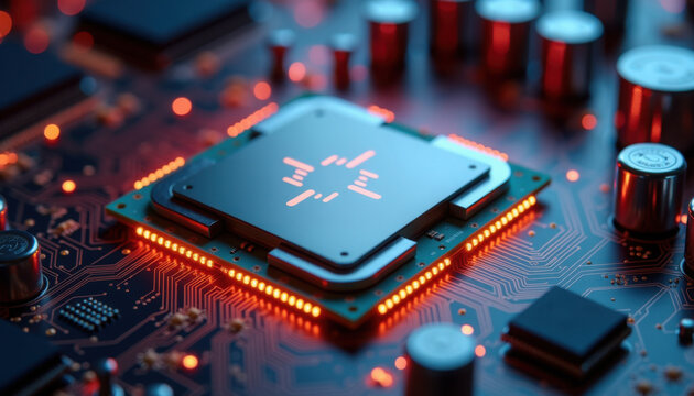 Close-up of a high-performance microprocessor with glowing accents on a circuit board
