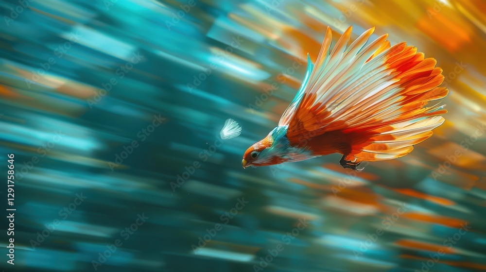 Poster colorful bird in motion with vibrant background and delicate butterfly interaction