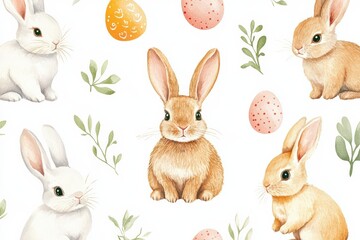 Obraz premium Easter Bunnies and Spring Flowers Watercolor Pattern, Bright and Cheerful Design for Holiday Cards, Gift Wrap, and Spring-Themed Craft Projects