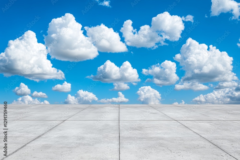 Poster a clean, modern concrete wall with a blue sky and clouds in the background. the scene is captured fr