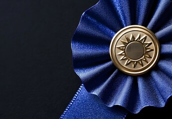 Elegant gold laurel award with blue ribbon on dark textured stone background, achievement excellence
