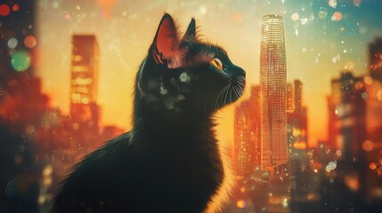 Cat silhouette, skyscrapers and carnival lights, double exposure, festive city, vibrant atmosphere