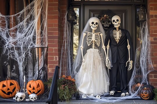 arafed skeleton couple in wedding dress and tuxedo standing on porch