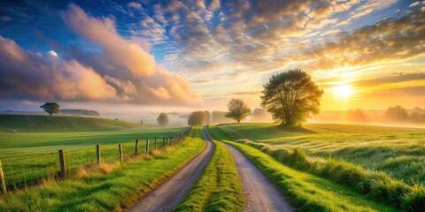 Obraz premium Golden Hour Serenity A Picturesque Country Road Winds Through Verdant Meadows Under a Dramatic Sunrise Sky