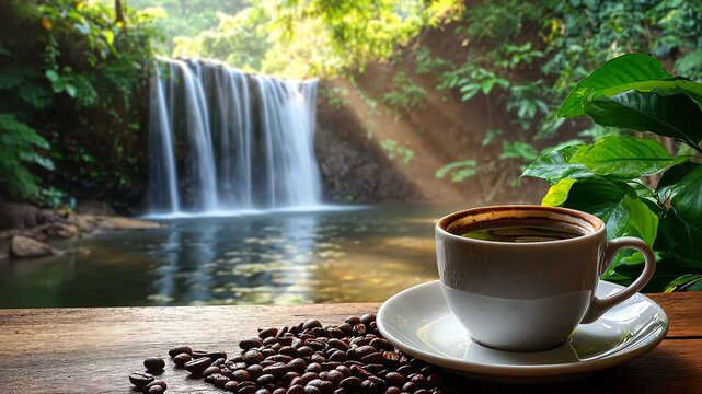 Coffee cup resting on wooden table with beans and waterfall backdrop, cup of coffee on wooden table with beans with waterfall background