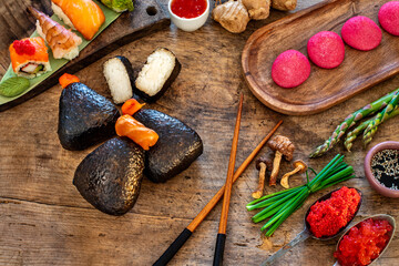 Japanese onigiri with salmon.  Rice ball concept