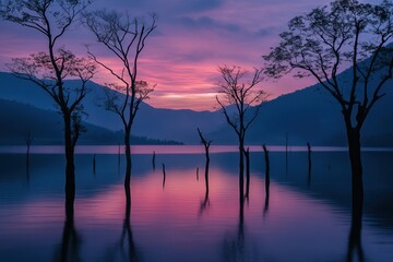 Fototapeta premium Pixelated Sunrise Over Lake With Silhouetted Trees