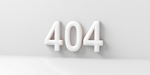 Error Code 404: Large, isolated, white 3D render numbers indicating an error or not found on a website against a clean, white background. Minimalistic.