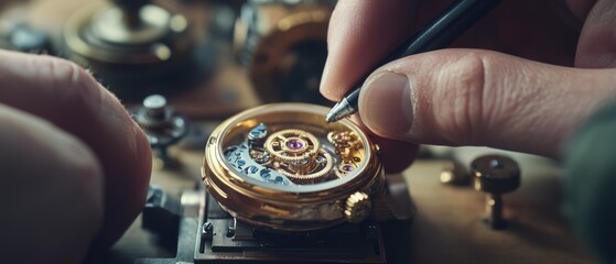 A detailed view of a watchmaker's hands assembling a delicate watch mechanism, illustrating precision and craftsmanship.