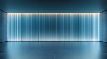 Blue backdrop for presentations with clean lines. A pale blue wall indoors with sleek lighting and a smooth floor.