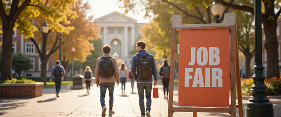 Students walking past a "Job Fair" sign on a college campus