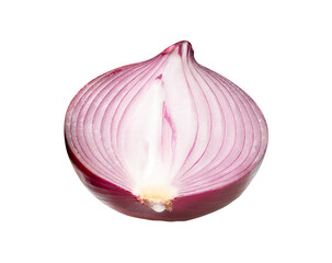 Top view of big red or purple onion bulb in half isolated on white background with clipping path