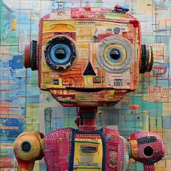 brightly colored robot sculpture with a bird on top of it