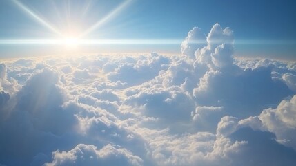 Fototapeta premium Sun beams streaming through fluffy clouds.Beautiful clear blue sky with clouds.