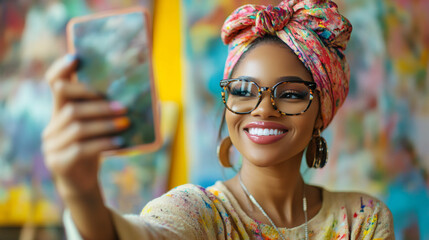 Young female artist capturing selfie with smartphone, smiling, wearing glasses and vibrant head scarf in colorful painting workspace