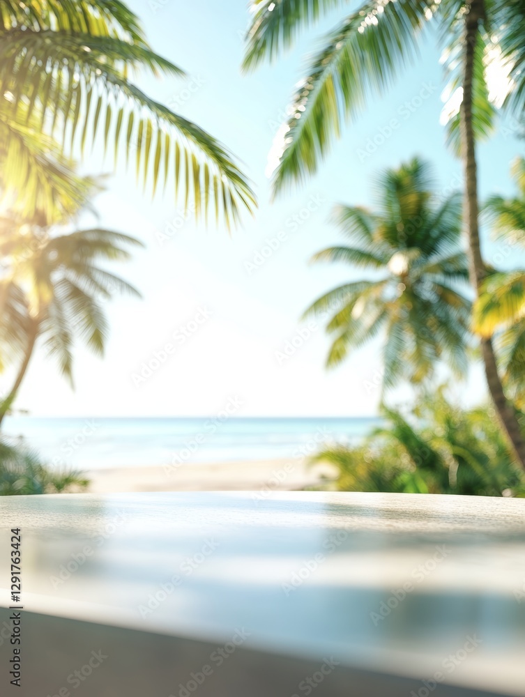Poster calm tropical sunset view over a beach with palm trees and soft reflections creating a serene atmosp