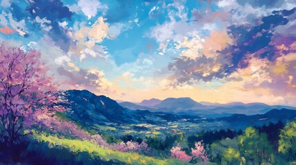 Obraz premium painting of a mountain landscape with a pink tree in the foreground