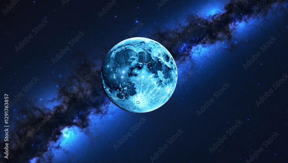 Wall mural Pixelated Blue Moon Against a Vibrant Milky Way Galaxy Background